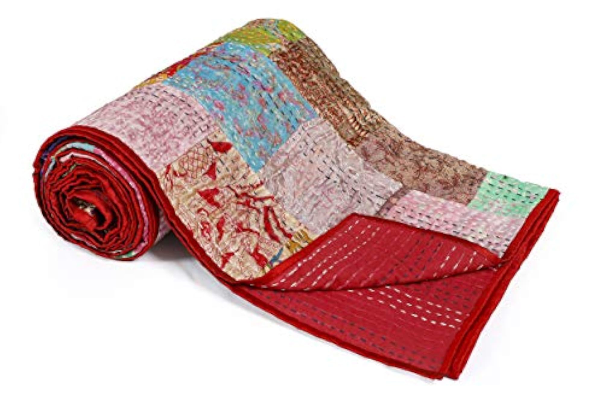 Double Kantha Quilted Quilt Blanket, Red Patchwork Bedspread
